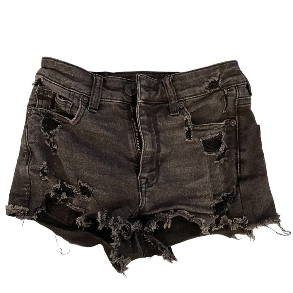 AEO Jean Shorts Women 00 Streetwear Grunge Sexy Denim Distressed Mid Rise Black